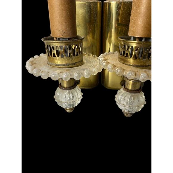 Vintage Light Fixtures Wall Sconces Lamps Set 2 Brass Glass Hollywood Regency - Picture 13 of 16